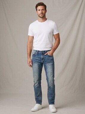 • Stitches & Rivets Men Blue Washed Denim Straight Leg Jeans Size 36
